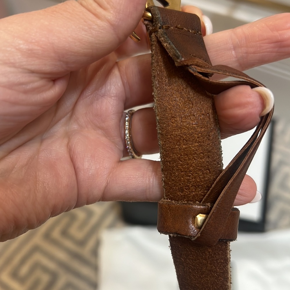 Gucci Faded Calfskin Leather Double G 20mm Thin Slim Brown Tan Gold Belt Size 75 - Picture 6 of 7